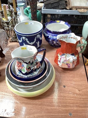 Lot 469 - Wedgwood Jasperware Jardinere, ironstone jug, group of bowls and other ceramics.