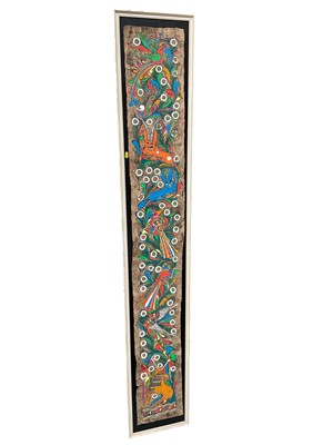 Lot 569 - Mexican bark painting depicting birds, animals and flowers, 190cm x 25cm