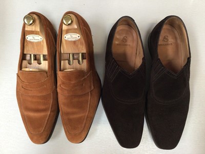 Lot 2136 - Two pairs of Men's shoes by A S Exclusive, tan suede loafers and brown suede slip- on's.  Plus one pair of New & Lingwood wooden shoe trees. Both size 9 1/2.