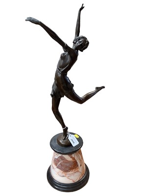 Lot 2646 - After Bruno Zach, an Art Deco-stye bronze figure of a leaping dancer mounted on a conical form marble socle, bearing the name "B.Zach" and founders medallion mark, together with a registration mark...