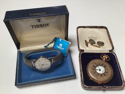 Lot 340 - Early 20th century gold plated half hunter pocket watch, together with a Tissot wristwatch and pair of cufflinks