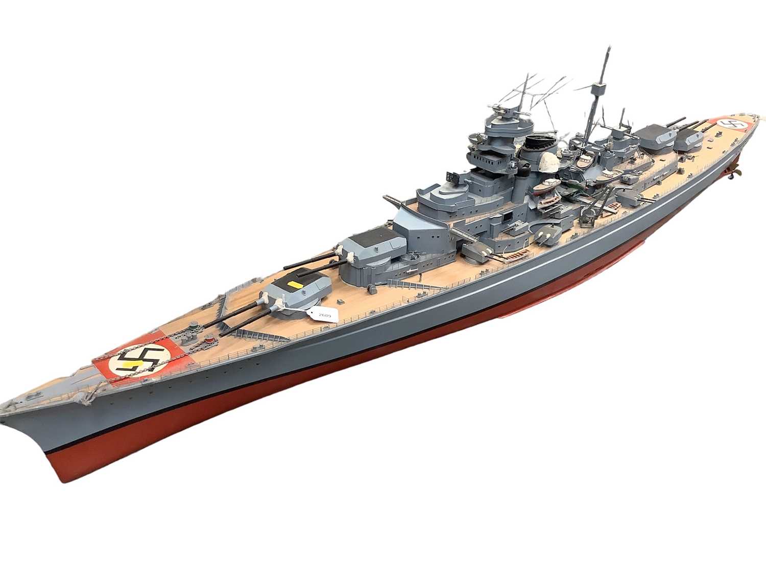 Lot 2609 - Scratch built model of a Second World War German battleship, possibly the Tirpitz, 196cm in overall length.