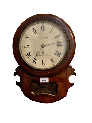 Lot 2612 - Victorian mahogany drop dial wall clock by Frederick Taylor of Haverhill, Suffolk, circa. 1855 - 1864, with key and pendulum.