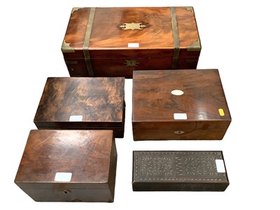 Lot 2614 - 19th century mahogany brass bound writing slope, together with a rosewood work box, a mahogany work box and two others (5)