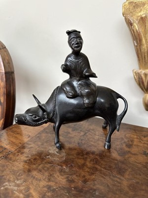 Lot 1526 - 19th century Japanese bronze censor and cover in the form of a buffalo and rider