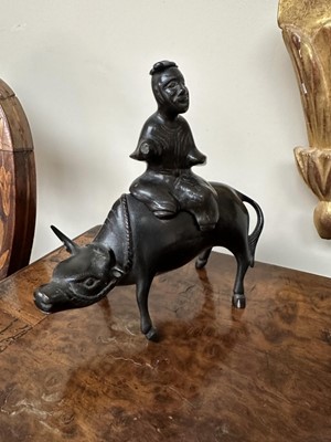 Lot 1526 - 19th century Japanese bronze censor and cover in the form of a buffalo and rider