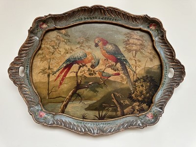 Lot 1553 - Continental rococo tray, painted with parrots