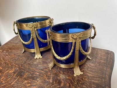 Lot 1556 - Pair of ormolu and blue glass cache pots