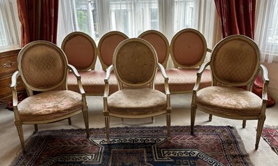 Lot 1588 - Suite of 18th century upholstered furniture including four seater bowed sofa and five open armchairs