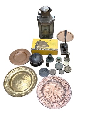 Lot 2617 - Brass hanging lantern, together with toleware spice box, Arts & Crafts copper plate and other metal wares, (1 box).