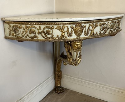 Lot 1618 - Fine quality pair of early 19th century French marble topped carved and gilded corner tables