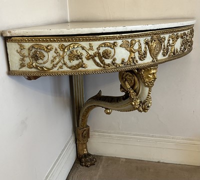 Lot 1618 - Fine quality pair of early 19th century French marble topped carved and gilded corner tables