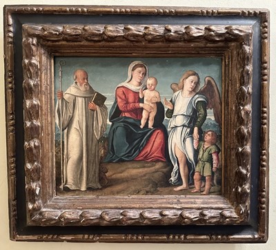 Lot 1600 - Girolamo da Santacroce (1480-1556) oil on panel, Mother and child with attendant Saint and archangels