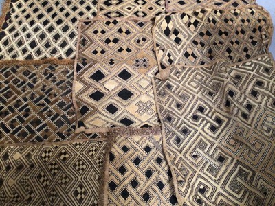 Lot 2141 - African Kuba Shoowa woven panels of raffia/ plant fibers in geometric designs c.1930.  Fifteen plus 2 framed and glazed.