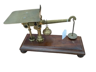 Lot 2629 - Unusual set of Victorian brass and mahogany scales, with suspending brass weight on a 16oz scale