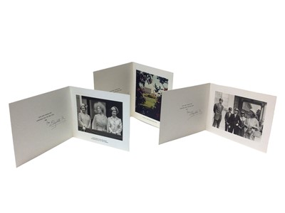 Lot 23 - H.M.Queen Elizabeth The Queen Mother, three 1970s and 80s signed Christmas cards with gilt embossed crowns to covers , photographs of The Queen Mother to the interiors , all signed in ink ' from El...