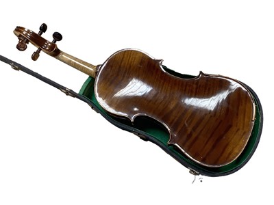 Lot 2225 - Good quality German violin, 14 1/2" two-piece back, ebony fingerboard and tailpiece, with label for Anton Kessel, Breitenfeld, in case, together with a collection of bows