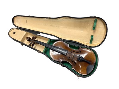 Lot 2225 - Good quality German violin, 14 1/2" two-piece back, ebony fingerboard and tailpiece, with label for Anton Kessel, Breitenfeld, in case, together with a collection of bows