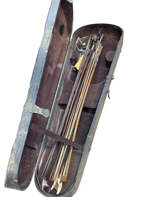 Lot 2225 - Good quality German violin, 14 1/2" two-piece back, ebony fingerboard and tailpiece, with label for Anton Kessel, Breitenfeld, in case, together with a collection of bows