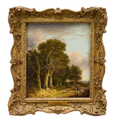 Lot 1055 - Obadiah Short (1803-1886) oil on panel - Figures in a Wooded Lane, 25.5cm x 21.5cm, in gilt frame