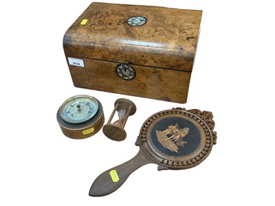 Lot 2632 - Victorian walnut and mother of pearl sewing box, together with a Sorrento mirror, wooden cased barometer, and a Mauchline ware egg timer (4)