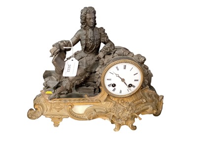 Lot 2633 - 19th century French ormolu and spelter figural mounted mantel clock with enamel dial, 34cm wide