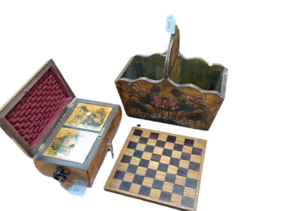 Lot 2634 - 19th century tea caddy with printed decoration, a chess board, and an old carved and painted two-division box, possibly Chinese