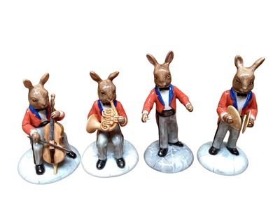 Lot 1200 - Royal Doulton limited edition Bunnykins Orchestra - The Violinist DB390, The Flute Player DB391, The Marimba Player DB392, The Cellist DB393, The Cymbal Player DB394, The French Horn Player DB395 a...