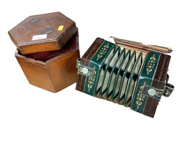 Lot 2226 - 19th century concertina, rosewood fret carved ends, gilt-tooled leather bellows, stained bone buttons, paper label for William Prowse, 48 Cheapside London, cased