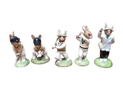 Lot 1192 - Five Royal Doulton Bunnykins figures - Batsman DB144, Bowler DB145, Wicketkeeper DB150, Out For A Duck DB160 and Cricket Umpire DB360, all boxed (last two have certificates)