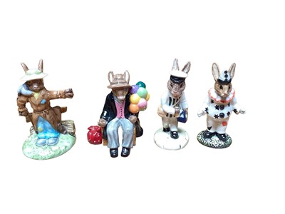 Lot 1285 - Two Royal Doulton limited edition Bunnykins figures with certificates - Scarecrow DB359 and Balloon Man DB366, together with two others - Milkman DB125 and Clown DB128 (all boxed) 4 items