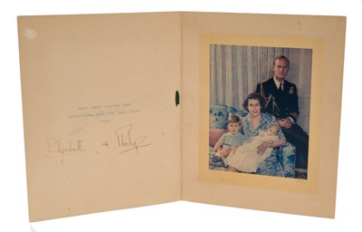 Lot 25 - T.R.H. The Princess Elizabeth Duchess of Edinburgh (later H.M.Queen Elizabeth II) and The Duke of Edinburgh scarce signed 1950 Christmas card with gilt embossed Royal crest to cover, colour photog...