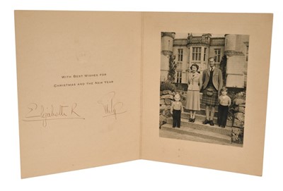 Lot 27 - H.M.Queen Elizabeth II and H.R.H.The Duke of Edinburgh, scarce signed 1952 Christmas card ( the first Christmas card sent of Her Majesty's long reign). With gilt embossed crown to cover, black and...