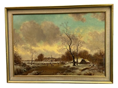 Lot 297 - Stephan de Haan, oil on canvas - Dutch frozen lake with figures skating, signed, 69cm x 99cm, in gilt frame