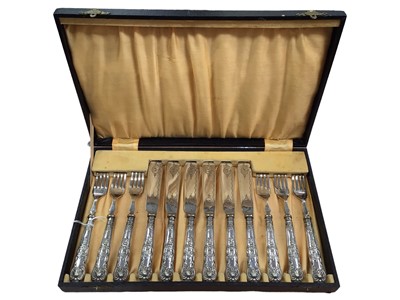 Lot 344 - Set of six silver handled Kings pattern fish knives and forks in a fitted case, (Sheffield, various dates).