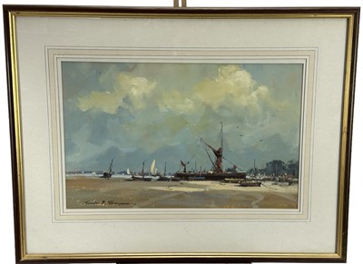 Lot 192 - Kevin Thompson, contemporary, gouache on paper - Barge at Pin Mill, signed, 31cm x 49cm, in glazed frame