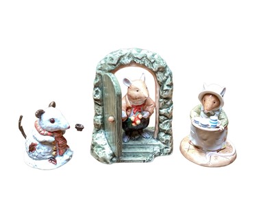 Lot 1291 - Three Royal Doulton Brambly Hedge figures - Let's Make A Snowmouse DBH67, Tea At Hornbeam Tree DB59 and Home For Supper DB69, all boxed with certificates