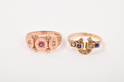 Lot 513 - Victorian 9ct gold ring with seed pearl and paste set horseshoe design, Birmingham 1899, ring size M½, and a Victorian style 9ct rose gold ruby and diamond ring, ring size O. (2)