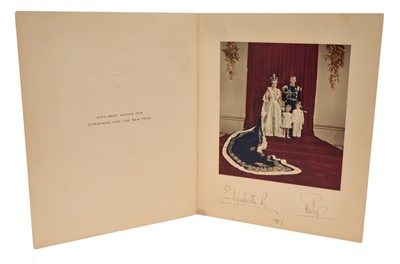 Lot 28 - H.M.Queen Elizabeth II and H.R.H.The Duke of Edinburgh, scarce signed 1953 Christmas card , with gilt embossed crown to cover, colour photograph of the Royal couple with a young Prince Charles and...