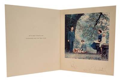 Lot 31 - H.M.Queen Elizabeth II and H.R.H.The Duke of Edinburgh, scarce signed 1957 Christmas card with gilt embossed crown to cover, colour photograph of the Royal couple with Prince Charles and Princess A...