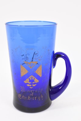 Lot 294 - 19th century Bristol blue tankard with University of Edinburgh coat of arms and initials to reverse side ‘A E’ (artists initials? to base of handle)