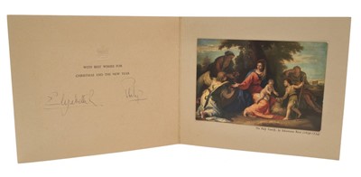 Lot 32 - H.M.Queen Elizabeth II and H.R.H.The Duke of Edinburgh, scarce signed 1958 Christmas card with gilt embossed crown to cover, colour print of 'The Holy Family' by Ricci signed in ink 'Elizabeth R Ph...