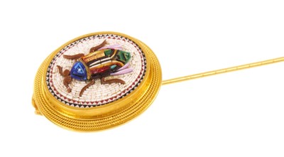 Lot 504 - 19th century Italian micromosaic stick pin, the iridescent and coloured glass tesserae with beetle design in gold mount with rope twist edge.