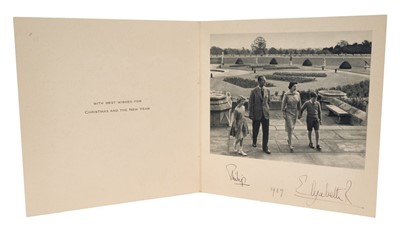 Lot 33 - H.M.Queen Elizabeth II and H.R.H.The Duke of Edinburgh, scarce signed 1959 Christmas card with gilt embossed crown to cover, photograph of the Royal couple with Prince Charles and Princess Anne wal...