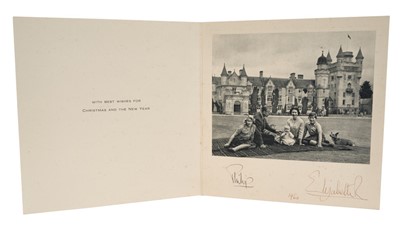 Lot 34 - H.M.Queen Elizabeth II and H.R.H.The Duke of Edinburgh, scarce signed 1960 Christmas card with gilt embossed crown to cover,  photograph of the jolly Royal couple with Prince Charles, Princess Anne...