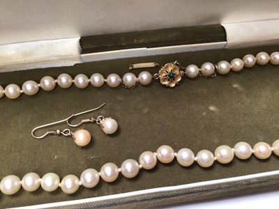 Lot 345 - Cultured pearl necklace with a single string of 7mm cultured pearls on 9ct gold clasp and a pearl of cultured pearl earrings