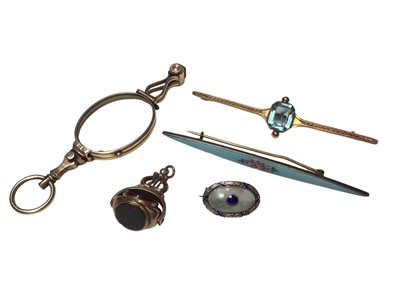 Lot 346 - Victorian gilt metal revolving fob, Edwardian gold and blue stone bar brooch, Victorian gilt metal lorgnettes, and two silver and enamel brooches