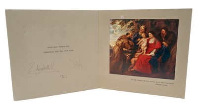 Lot 35 - H.M.Queen Elizabeth II and H.R.H.The Duke of Edinburgh, scarce signed 1961Christmas card with gilt embossed crown to cover, colour print of 'The Holy Family ' by Rubens, signed in ink 'Elizabeth R...