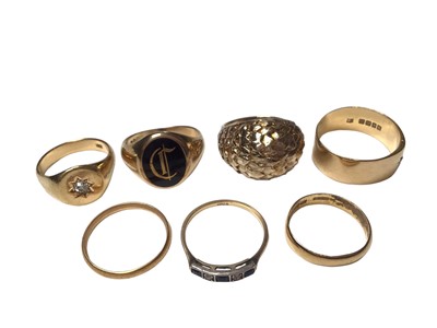 Lot 347 - Group of 7 gold rings to include two 22ct gold wedding rings, 18ct gold and diamond signet ring, 18ct gold diamond band, 18ct gold sapphire and white stone half hoop ring, 9ct gold and onyx signet...