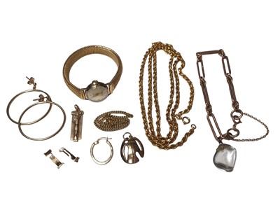 Lot 350 - Group of gold jewellery to include an 18ct gold rope twist chain, Edwardian 9ct gold fetter link bracelet, a pair of 9ct gold earrings, a yellow metal chain and a 9ct gold cased Baume wristwatch on...